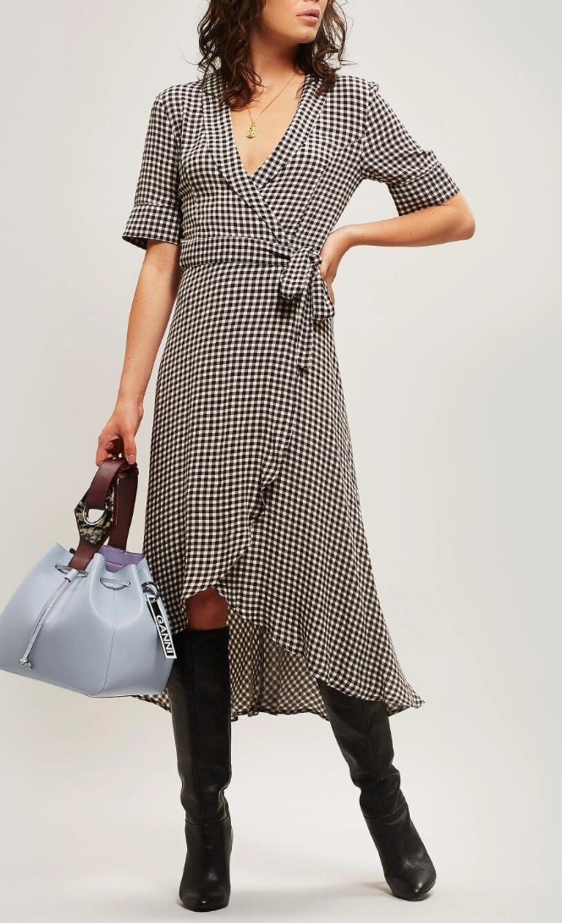 GANNI Black & White Gingham Check Midi Wrap Dress Size 40 (8 US)